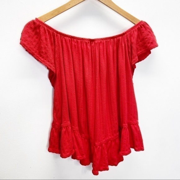 Free People Mint Julep Cherry Red Off Shoulder Top Sz S - Picture 5 of 8